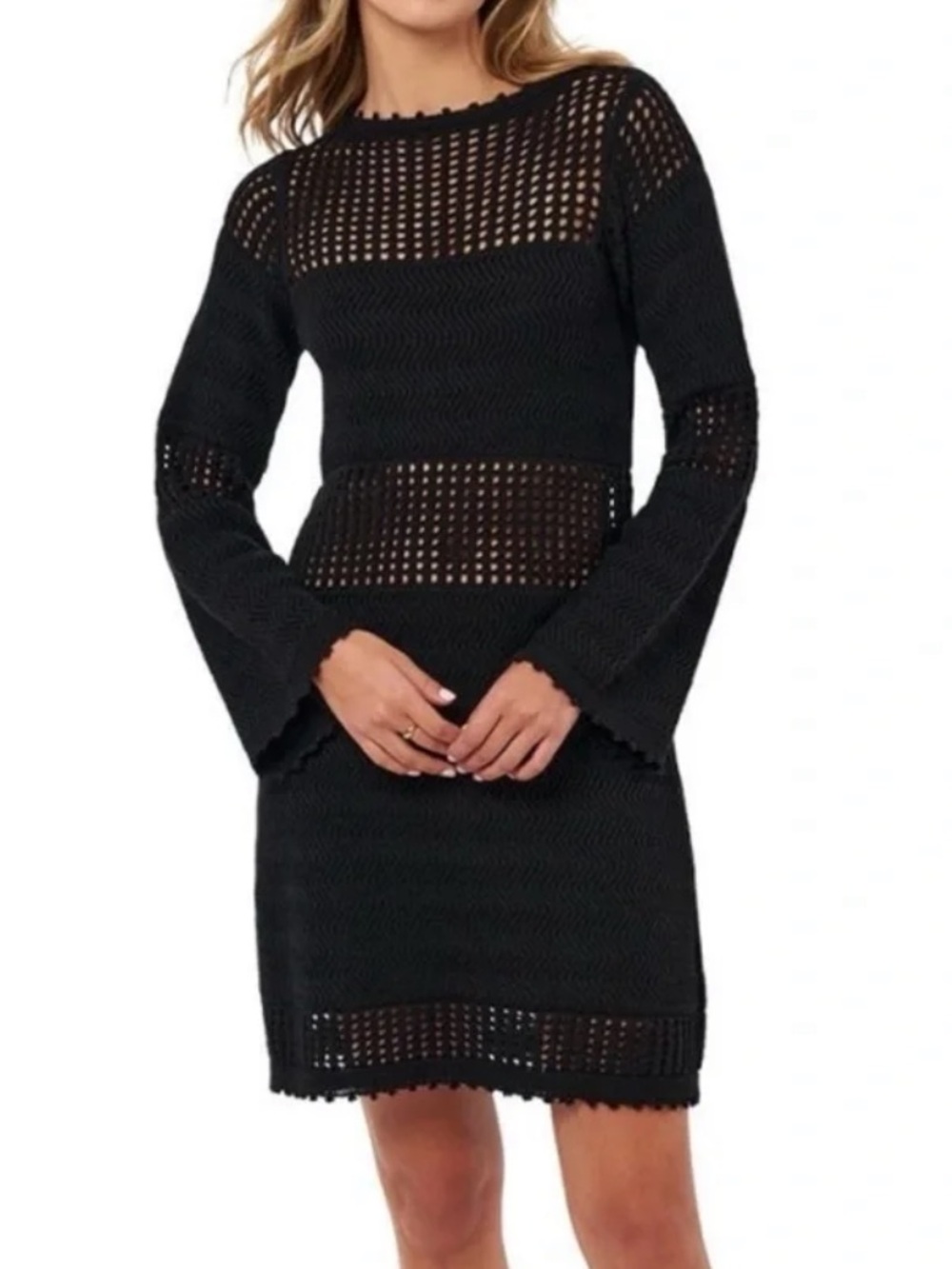 Edited by Remi Bader. Black Crochet Knit Long-Sleeve Dress. Sz: XS. NWT.